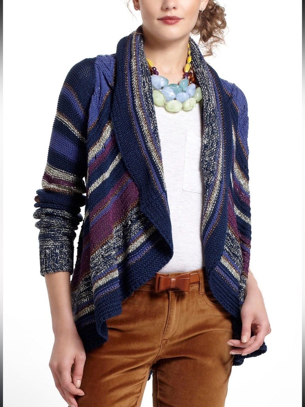 Rosie Neira Anthropologie Curved Stripes Crochet Cardigan Sweater Metallic Sz XS